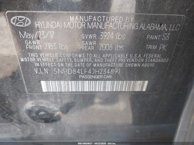 44924027 :رقم المزاد ، 5NPD84LF4JH234891 vin ، 2018 Hyundai Elantra Sel مزاد بيع
