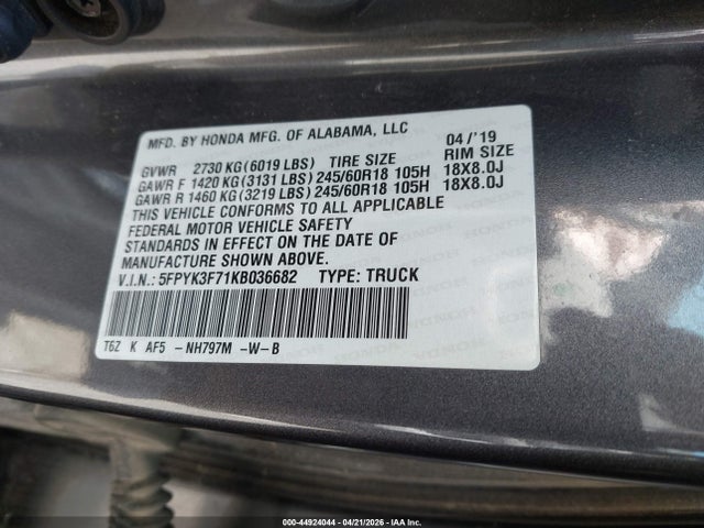 Продажа на аукционе авто 2019 Honda Ridgeline Rtl-e, vin: 5FPYK3F71KB036682, номер лота: 44924044
