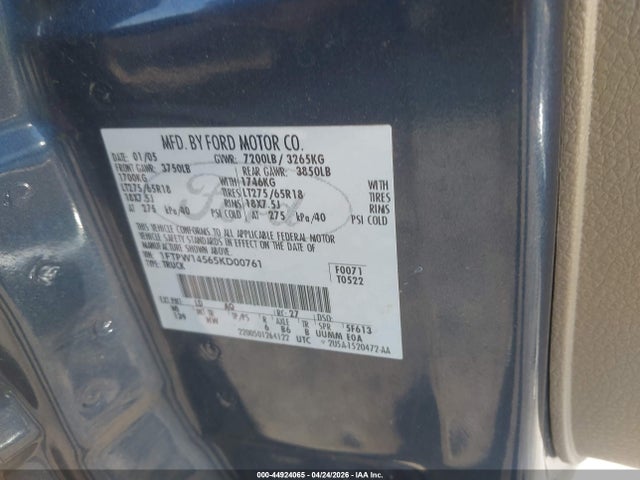2005 Ford F-150 Fx4/lariat/xlt მანქანა იყიდება აუქციონზე, vin: 1FTPW14565KD00761, აუქციონის ნომერი: 44924065