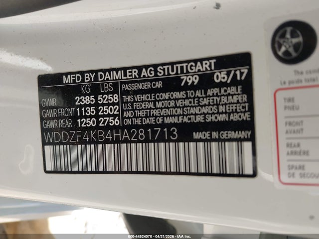 44924070 :رقم المزاد ، WDDZF4KB4HA281713 vin ، 2017 Mercedes-benz E 300 4matic مزاد بيع