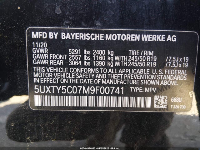 Aukcja sprzedaży 2021 Bmw X3 Xdrive30i, vin: 5UXTY5C07M9F00741, numer aukcji: 44924085