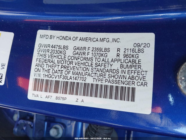 Продажа на аукционе авто 2020 Honda Accord Sport, vin: 1HGCV1F30LA147702, номер лота: 44924091