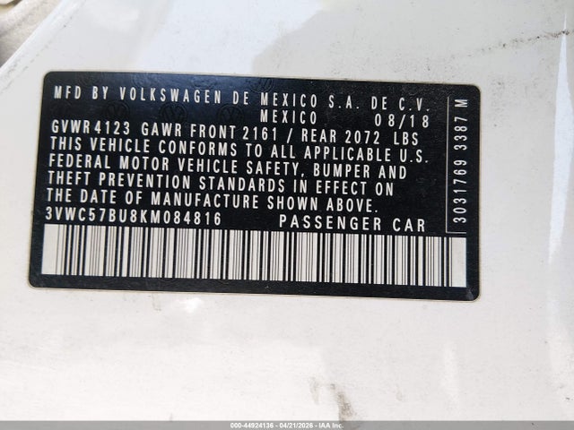 2019 Volkswagen Jetta 1.4t R-line/1.4t S/1.4t Se მანქანა იყიდება აუქციონზე, vin: 3VWC57BU8KM084816, აუქციონის ნომერი: 44924136