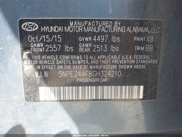 Auction sale of the 2016 Hyundai Sonata Se, vin: 5NPE24AF8GH324210, lot number: 44924159
