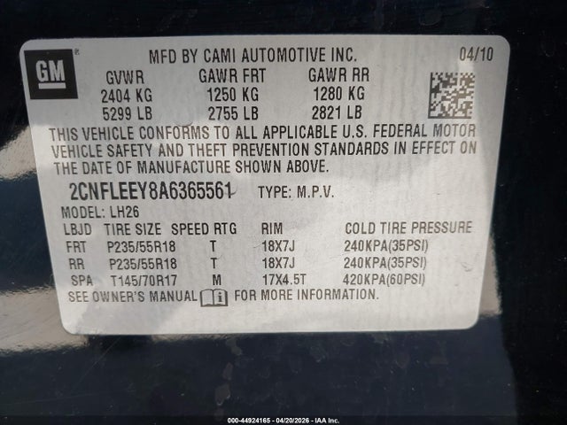 Aukcja sprzedaży 2010 Chevrolet Equinox Lt, vin: 2CNFLEEY8A6365561, numer aukcji: 44924165