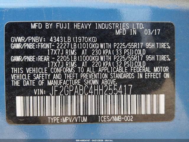 44924167 :رقم المزاد ، JF2GPABC4HH255417 vin ، 2017 Subaru Crosstrek 2.0i Premium مزاد بيع