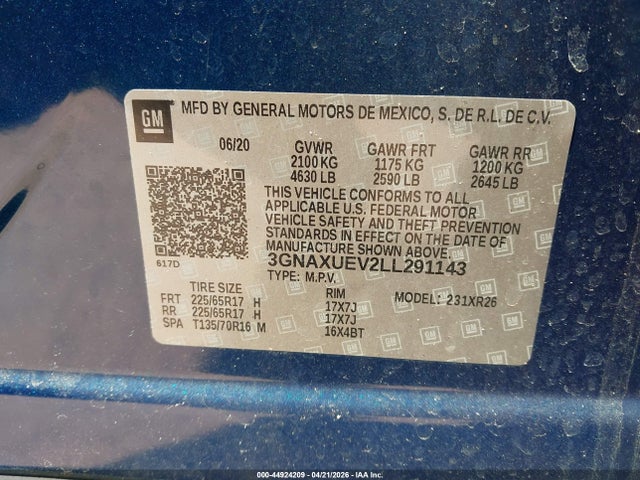 Продаж на аукціоні авто 2020 Chevrolet Equinox Awd Lt 1.5l Turbo, vin: 3GNAXUEV2LL291143, номер лоту: 44924209