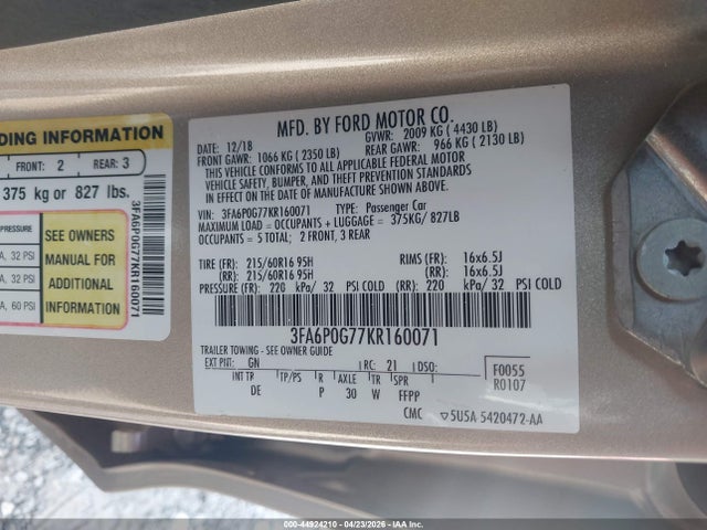 Ford FUSION S 2019 3FA6P0G77KR160071 Image 9