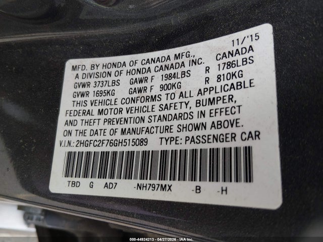 Продаж на аукціоні авто 2016 Honda Civic Ex, vin: 2HGFC2F76GH515089, номер лоту: 44924213