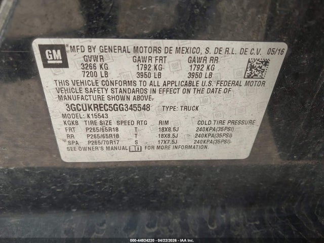 Продаж на аукціоні авто 2016 Chevrolet Silverado 1500 1lt, vin: 3GCUKREC5GG345548, номер лоту: 44924220
