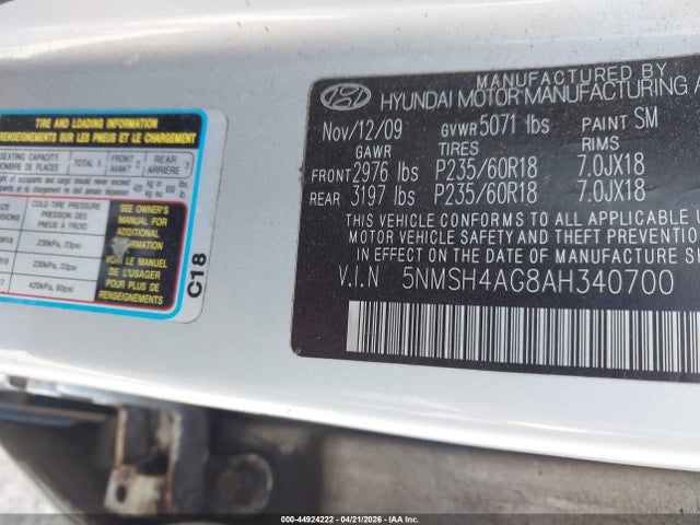44924222 :رقم المزاد ، 5NMSH4AG8AH340700 vin ، 2010 Hyundai Santa Fe Se مزاد بيع