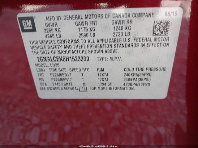 Продаж на аукціоні авто 2017 Chevrolet Equinox Lt, vin: 2GNALCEK6H1523330, номер лоту: 44924231