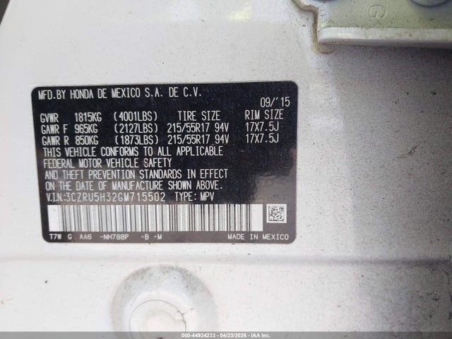 44924233 :رقم المزاد ، 3CZRU5H32GM715502 vin ، 2016 Honda Hr-v Lx مزاد بيع