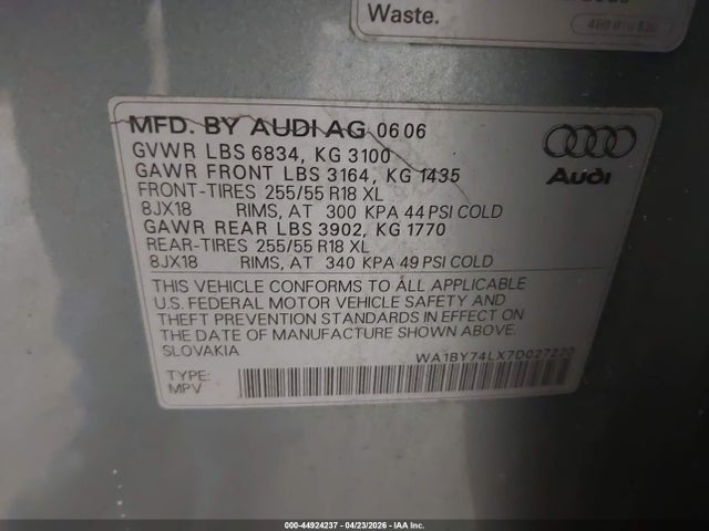 Продаж на аукціоні авто 2007 Audi Q7 3.6 Premium, vin: WA1BY74LX7D027220, номер лоту: 44924237