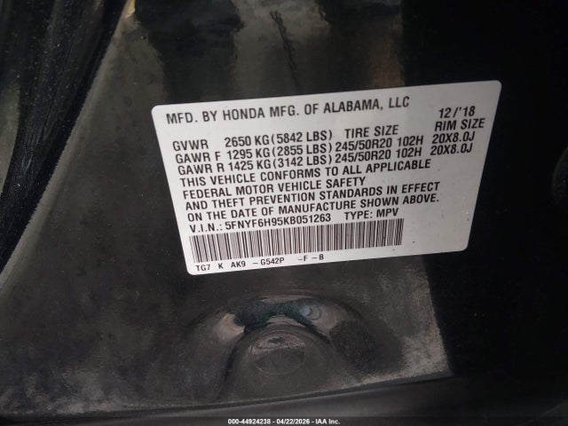 Продажа на аукционе авто 2019 Honda Pilot Touring, vin: 5FNYF6H95KB051263, номер лота: 44924238