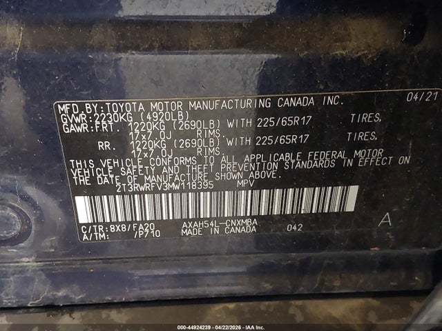 2T3RWRFV3MW118395 Toyota Rav4 Hybrid Xle