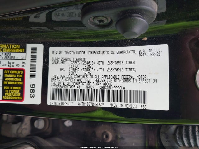 Aukcja sprzedaży 2021 Toyota Tacoma Trd Off-road, vin: 3TYCZ5AN7MT025141, numer aukcji: 44924241