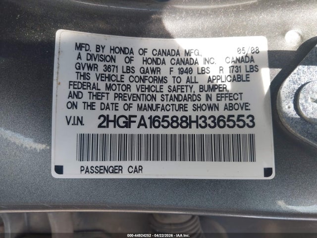 Aukcja sprzedaży 2008 Honda Civic Lx, vin: 2HGFA16588H336553, numer aukcji: 44924252