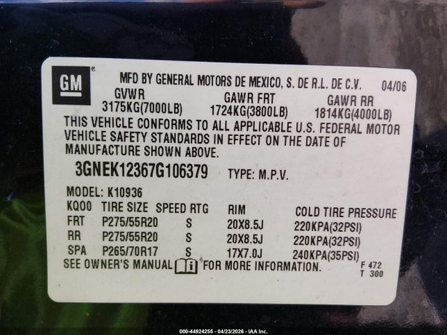 2007 Chevrolet Avalanche 1500 Lt მანქანა იყიდება აუქციონზე, vin: 3GNEK12367G106379, აუქციონის ნომერი: 44924255