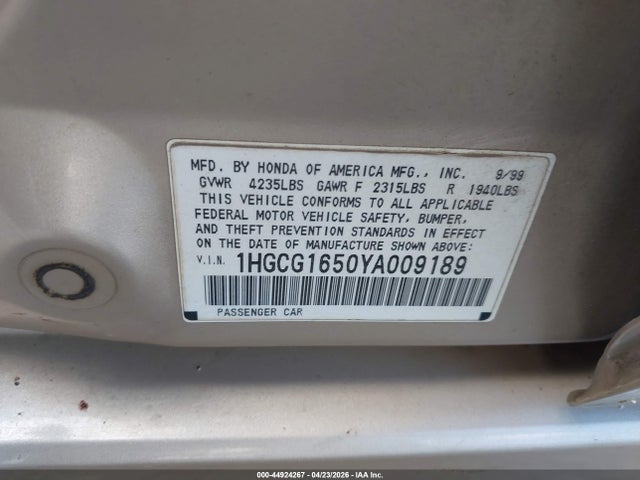 Aukcja sprzedaży 2000 Honda Accord 3.0 Ex, vin: 1HGCG1650YA009189, numer aukcji: 44924267