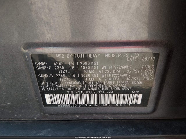 2014 Subaru Outback 2.5i Premium მანქანა იყიდება აუქციონზე, vin: 4S4BRCCC2E3219744, აუქციონის ნომერი: 44924270