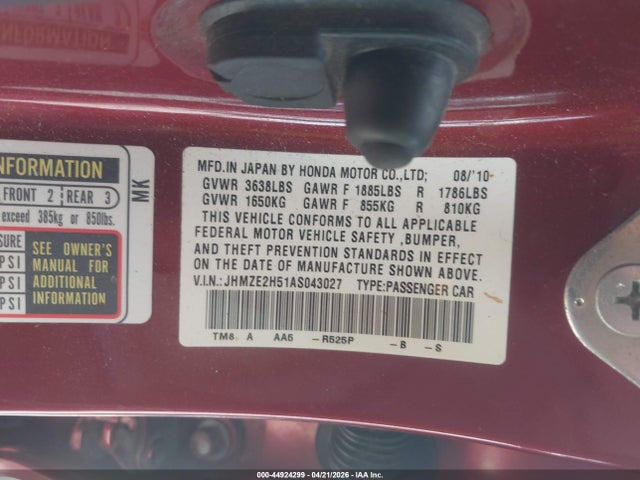 44924299 :رقم المزاد ، JHMZE2H51AS043027 vin ، 2010 Honda Insight Lx مزاد بيع