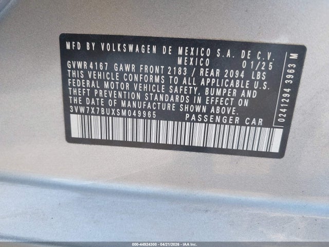 44924300 :رقم المزاد ، 3VW7X7BUXSM049965 vin ، 2025 Volkswagen Jetta 1.5t Se مزاد بيع