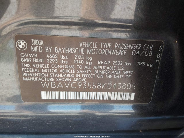 Aukcja sprzedaży 2008 Bmw 328xi, vin: WBAVC93558K043805, numer aukcji: 44924302
