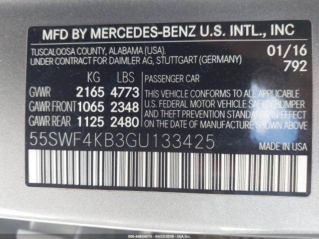 Aukcja sprzedaży 2016 Mercedes-benz C 300 4matic, vin: 55SWF4KB3GU133425, numer aukcji: 44924310