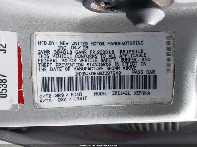 Aukcja sprzedaży 2009 Toyota Corolla Xle, vin: 1NXBU40E59Z037949, numer aukcji: 44924314