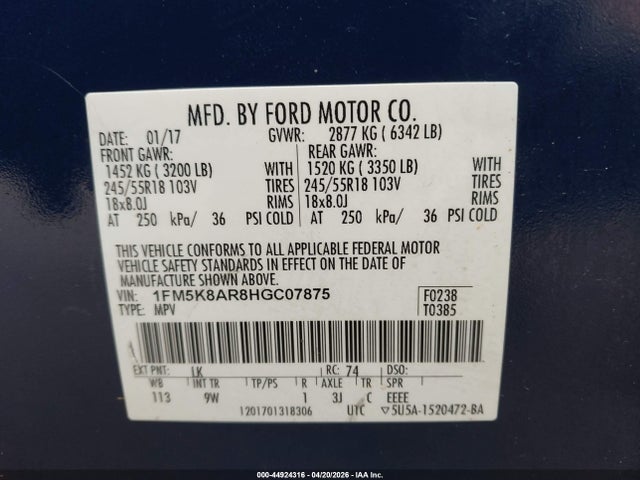 1FM5K8AR8HGC07875 Ford Utility Police Interceptor