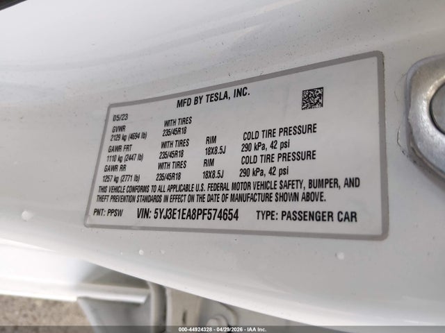 2023 Tesla Model 3 Rear-wheel Drive მანქანა იყიდება აუქციონზე, vin: 5YJ3E1EA8PF574654, აუქციონის ნომერი: 44924328
