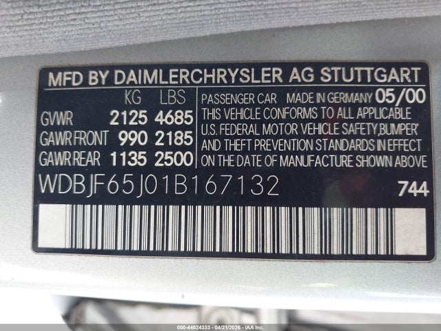 Aukcja sprzedaży 2001 Mercedes-benz E 320, vin: WDBJF65J01B167132, numer aukcji: 44924333