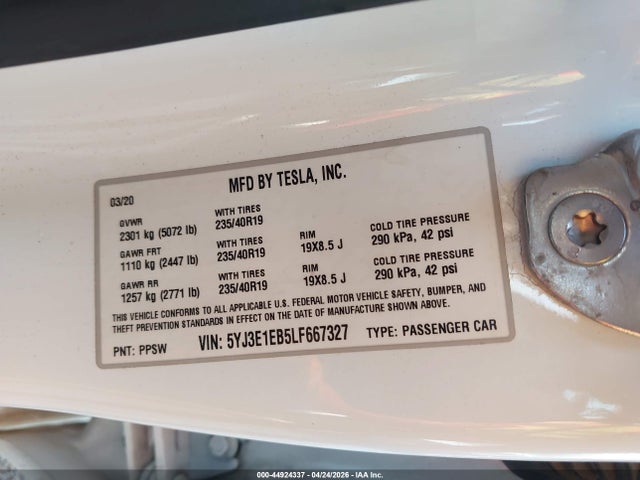 5YJ3E1EB5LF667327 Tesla Model 3 Long Range Dual Motor All-wheel Drive