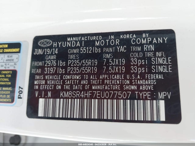 Aukcja sprzedaży 2014 Hyundai Santa Fe Limited, vin: KM8SR4HF7EU077507, numer aukcji: 44924340