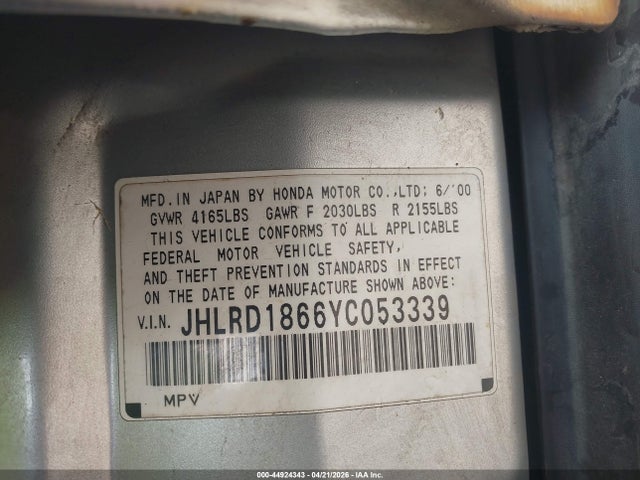 44924343 :رقم المزاد ، JHLRD1866YC053339 vin ، 2000 Honda Cr-v Ex مزاد بيع