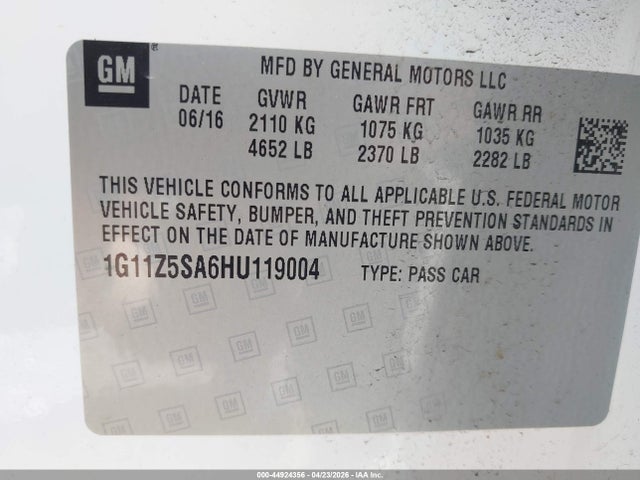 Auction sale of the 2017 Chevrolet Impala Ls, vin: 1G11Z5SA6HU119004, lot number: 44924356