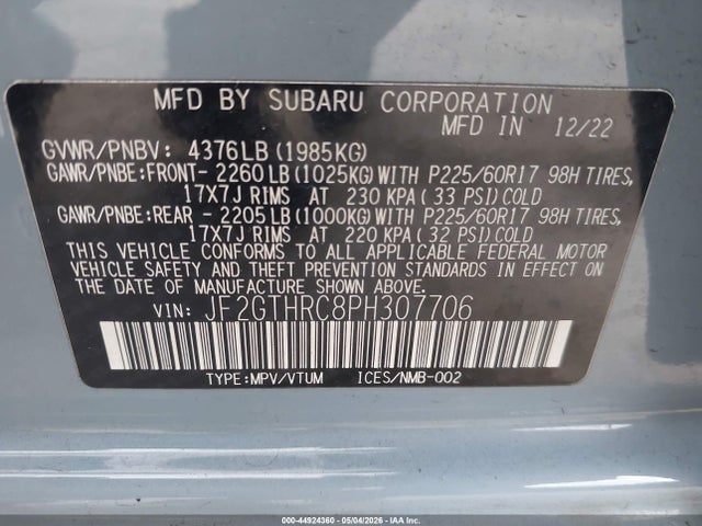 44924360 :رقم المزاد ، JF2GTHRC8PH307706 vin ، 2023 Subaru Crosstrek Sport مزاد بيع