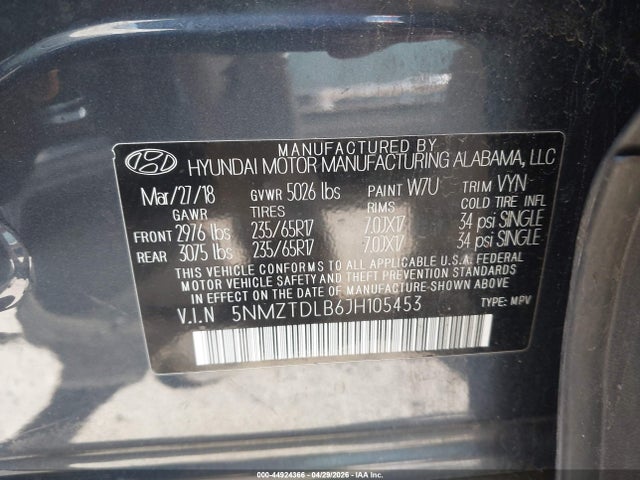 2018 Hyundai Santa Fe Sport 2.4l მანქანა იყიდება აუქციონზე, vin: 5NMZTDLB6JH105453, აუქციონის ნომერი: 44924366