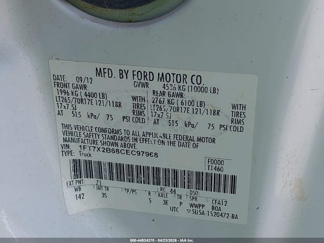44924370 :رقم المزاد ، 1FT7X2B68CEC97968 vin ، 2012 Ford F-250 Xlt مزاد بيع