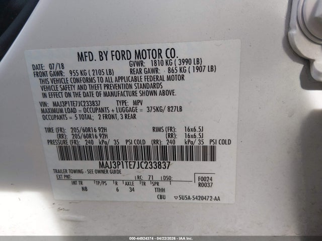Aukcja sprzedaży 2018 Ford Ecosport Se, vin: MAJ3P1TE7JC233837, numer aukcji: 44924374