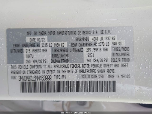 Aukcja sprzedaży 2022 Mazda Cx-30 Preferred, vin: 3MVDMBCL6NM453999, numer aukcji: 44924375