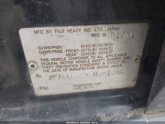 Продаж на аукціоні авто 2002 Subaru Impreza 2.5ts, vin: JF1GG65542H801896, номер лоту: 44924378