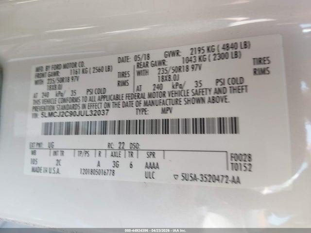 44924396 :رقم المزاد ، 5LMCJ2C90JUL32037 vin ، 2018 Lincoln Mkc Select مزاد بيع