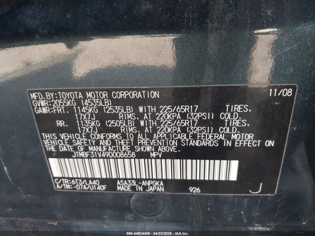 Продажа на аукционе авто 2009 Toyota Rav4 Limited, vin: JTMBF31V49D008658, номер лота: 44924400