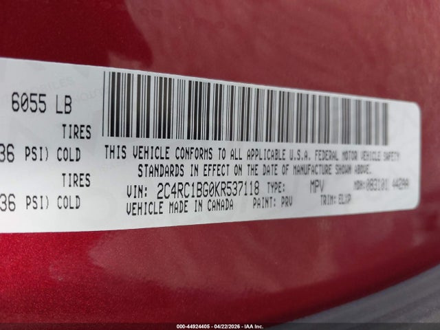 Aukcja sprzedaży 2019 Chrysler Pacifica Touring L, vin: 2C4RC1BG0KR537118, numer aukcji: 44924405