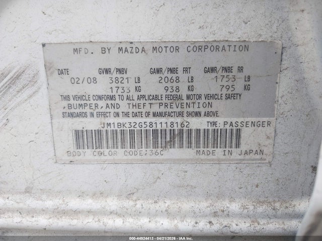 2008 Mazda Mazda3 I Touring Value მანქანა იყიდება აუქციონზე, vin: JM1BK32G581118162, აუქციონის ნომერი: 44924413