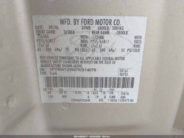Продаж на аукціоні авто 2007 Ford F-150 Xlt, vin: 1FTRW12W47KB14076, номер лоту: 44924417