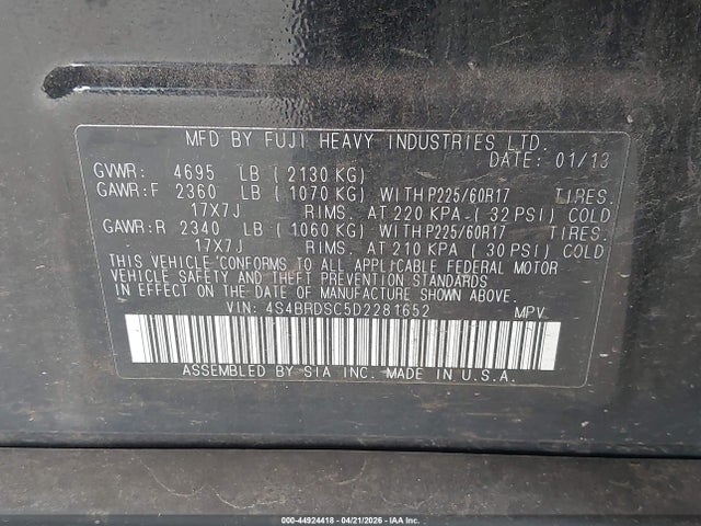 44924418 :رقم المزاد ، 4S4BRDSC5D2281652 vin ، 2013 Subaru Outback 3.6r Limited مزاد بيع