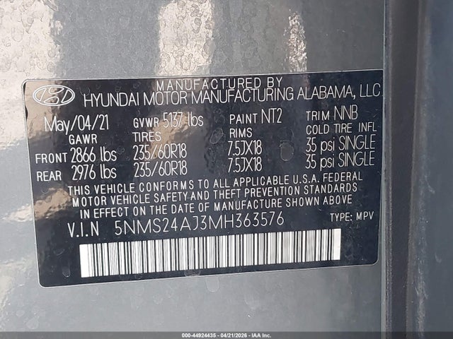 Продажа на аукционе авто 2021 Hyundai Santa Fe Sel, vin: 5NMS24AJ3MH363576, номер лота: 44924435